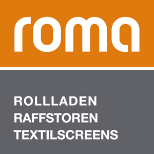 ROMA Schriftzug auf orange, darunter Rollladen, Raffstoren Textilscreens auf grau